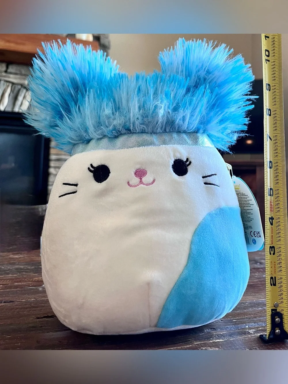 KellyToy Squishmellow Cora Calico Cat Squish-Doos Blue /White Fluffy Ears 10”NWT